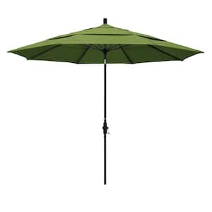 11 ft. Matted Black Aluminum Market Patio Umbrella with Collar Tilt Crank Lift in Spectrum Cilantro Sunbrella