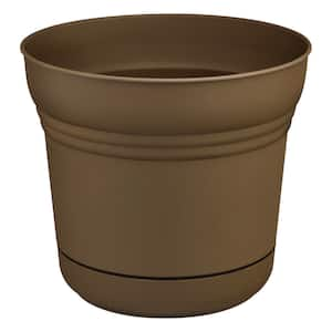 14 in. Anne Chocolate Brown Plastic Planter (14 in. x 13 in.) with Drainage Hole and Attached Saucer