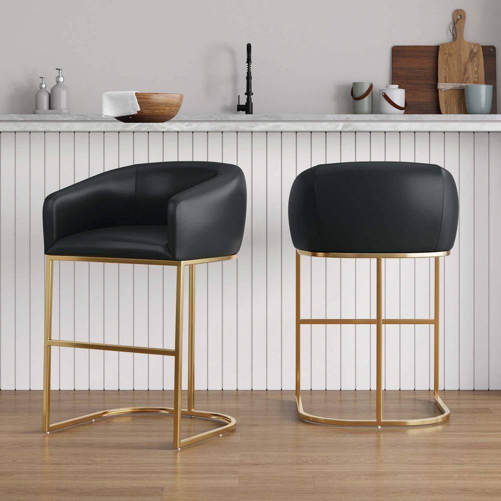 Black Leather and Gold Metal Counter Height Barstools, Set of 2