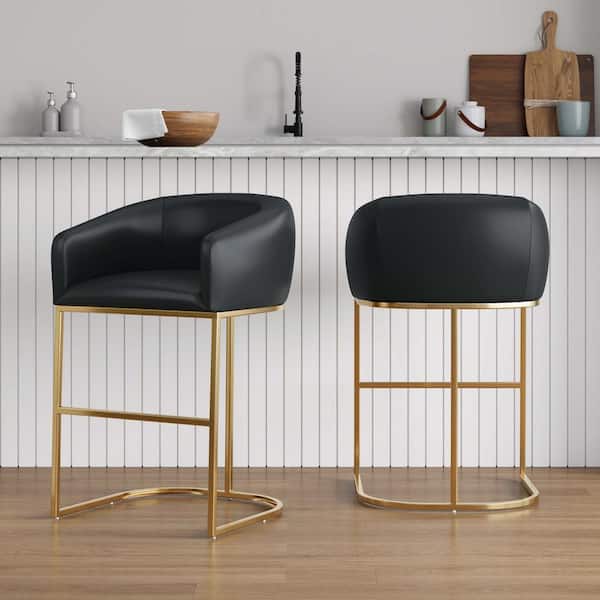 Manhattan Comfort Louvre 26 in. Black and Titanium Gold Metal Counter Stool with Leatherette Upholstered Seat (Set of 2)