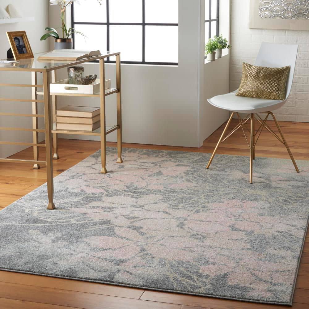 Grey and Pink Floral Synthetic 4' x 6' Area Rug