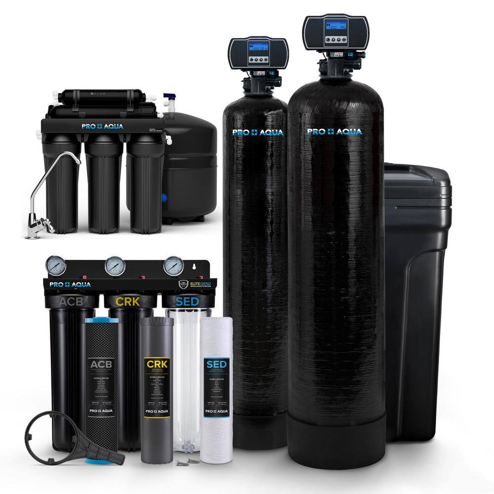 PRO AQUA Elite Well Water Filter Softener Bundle Plus Reverse Osmosis   Black Pro Aqua Whole House Water Filter Systems Bndl Wel Ro 64 1000 