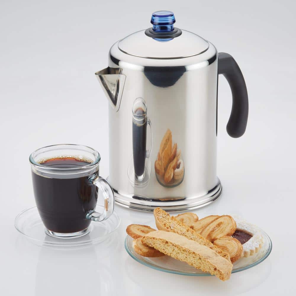 Classic Stainless Steel 12-Cup Coffee Percolator with Blue Glass Knob
