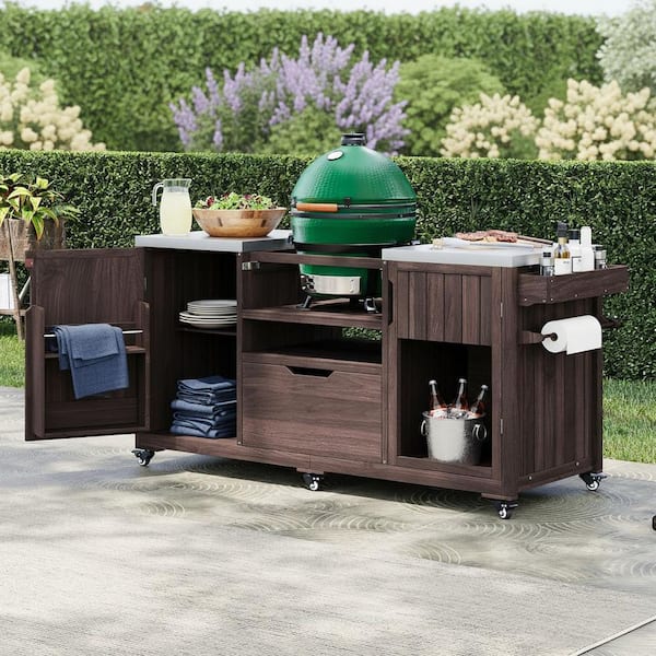 Runesay Farmhouse Dark Brown Steel 66.5 in. Outdoor Patio Internal Rack Kitchen Island Compatible 21 in. Big Grills with Drawer