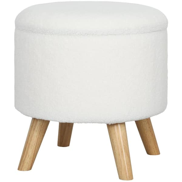 Storage Ottoman, Round Footstool with Polyester Upholstery, Removable Top, Hidden Space and Wood Legs, White