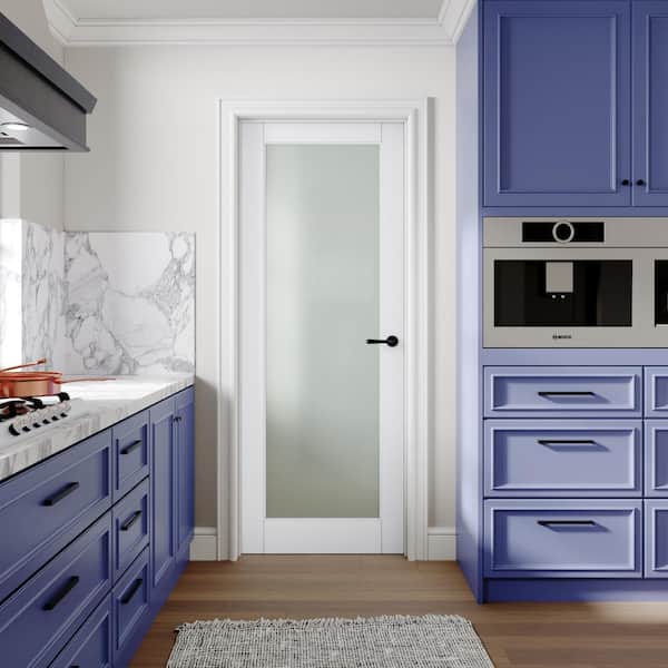 30 in. x 80 in. 1-Lite Frosted Glass Right White Solid Core Wood Single Prehung Interior Door with Quick Assemble Jamb