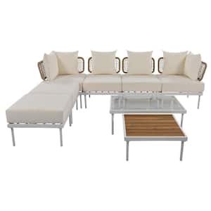 8-Piece White Metal Frame Outdoor Patio Sectional Sofa Set with Two Coffee Tables with Beige Cushions