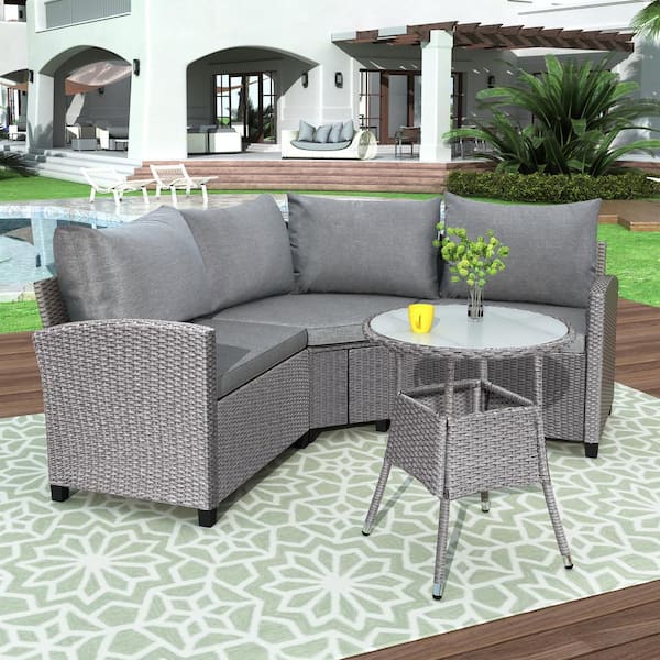 Harper & Bright Designs 4-Piece Wicker Outdoor Sectional with Round Table and Gray Cushions