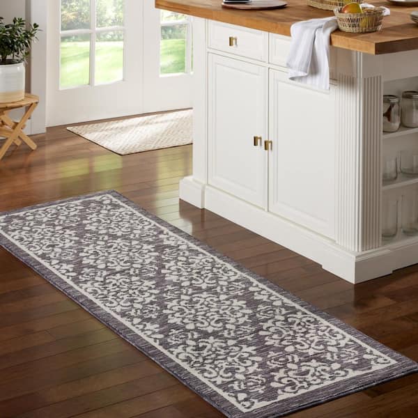 Everyday Walker Damask Medallion Grey 24 in. x 72 in. Machine Washable Runner Kitchen Mat