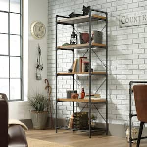 75.66 in. Checked Oak Metal 5-shelf Accent Bookcase with Open Back