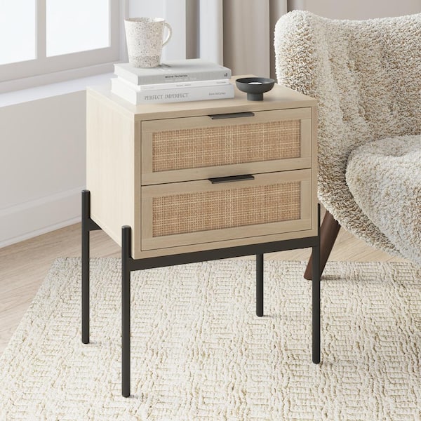Andrew 19 in. W End Or Side Table In Oak Finish with Storage Rattan Doors And Gold Accents For Bedroom Or Living Room