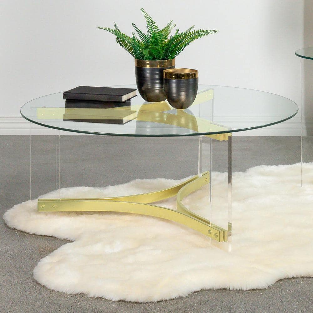Janessa Round Glass Coffee Table with Acrylic Legs and Brass Accents