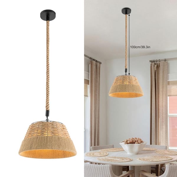 OUKANING 1-Light Wood Rustic Shaded Pendant Light with Woven Hemp
