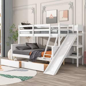 White Twin over Full Bunk Bed with Two Drawers, Slide and Shelves