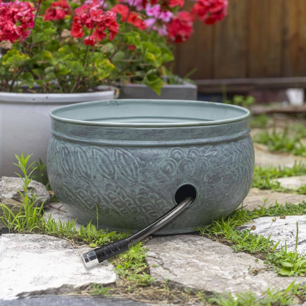 Large Blue Verde Copper Garden Hose Pot with Fern Details