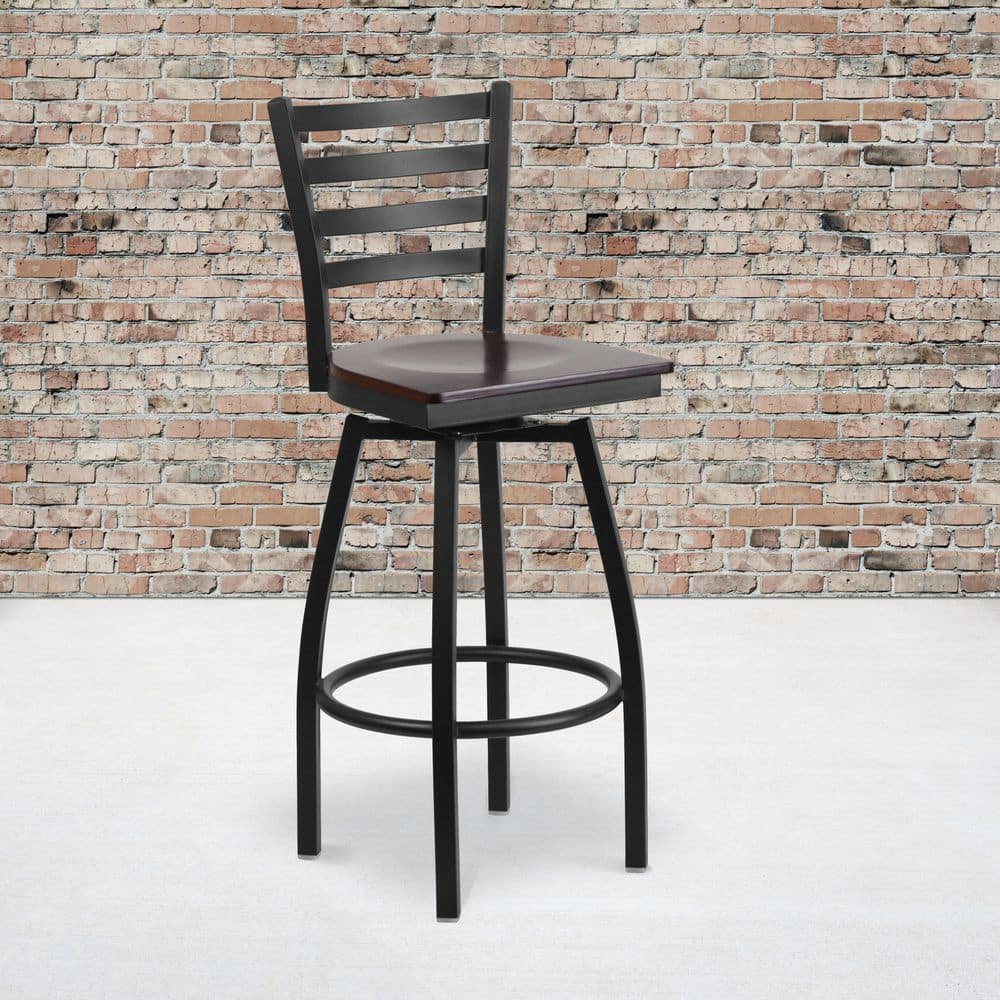 Essential Swivel Black Vinyl & Metal Barstool with Ladder Back
