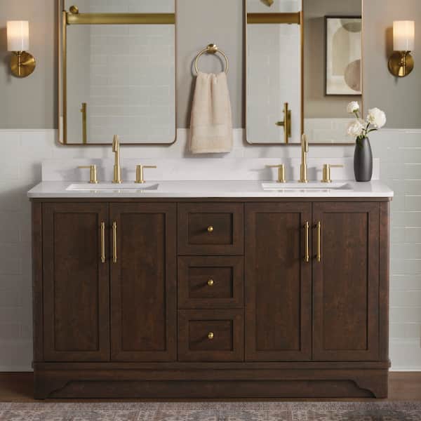 Eastwood 61 in. Double Sink Dark Walnut Bath Vanity with Carrara White Engineered Stone Top (Assembled)