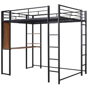 Black Full Size Metal Loft Bed with 2-Shelves and 1-Desk -