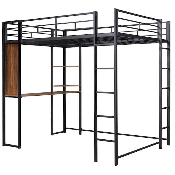 aisword Black Full Size Metal Loft Bed with 2-Shelves and 1-Desk -