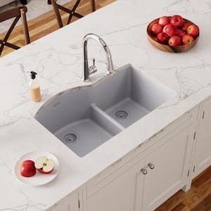 Quartz Classic 33 in. Undermount Offset 60/40 Double Bowl Greystone Granite/Quartz Composite Kitchen Sink Only