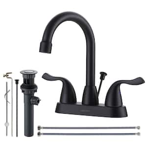 4 in. Centerset Double Handle Bathroom Faucet with Lift Rod Drain Assembly and Water Supply Lines in Matte black