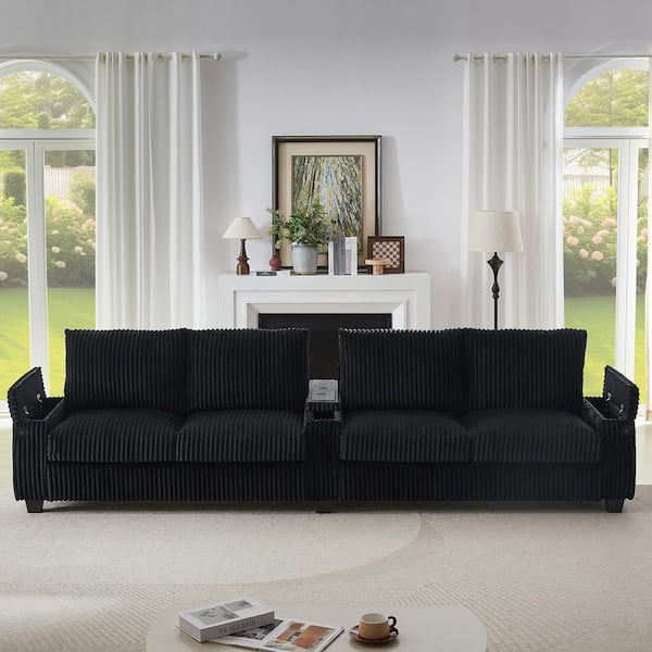Luxury Collection 133 in. Square Arm Corduroy Modern Rectangle 4-Seater Sofa in Black with Storage and USB Ports