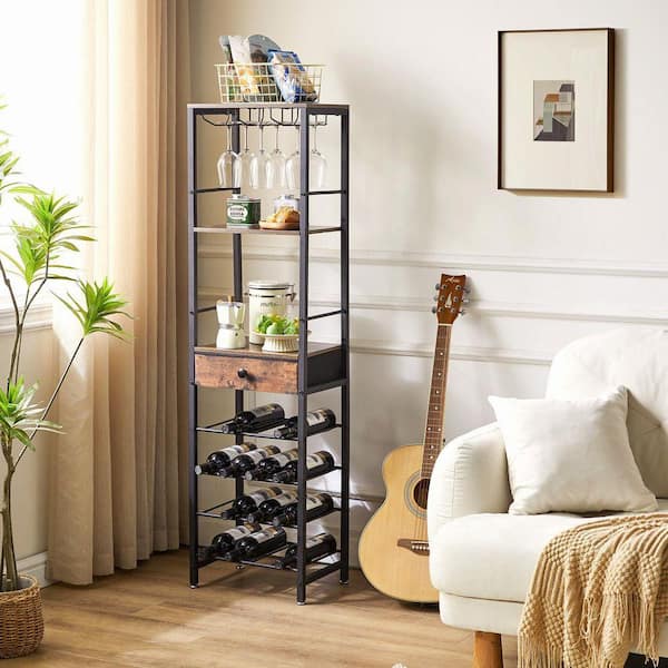 Rustic Brown Freestanding Floor Wine Glass Rack 4 Tier Storage Shelves with Drawer for Home Bar Kitchen