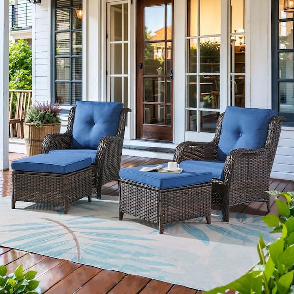 ArcoBay 4-Piece Brown Wicker Outdoor Lounge Chairs Patio Armchairs with Navy Blue Cushions and Ottomans