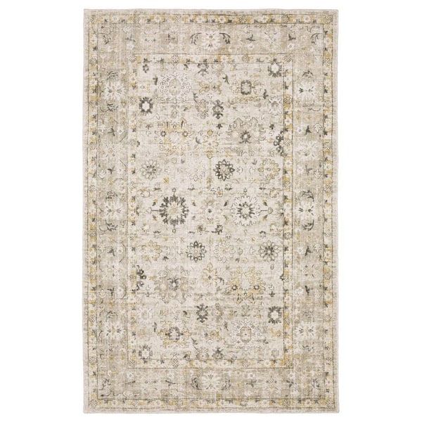 Wingate Beige/Gold 10 ft. x 14 ft. Oriental Floral Distressed Hand-Loomed Viscose-Wool Blend Indoor Area Rug