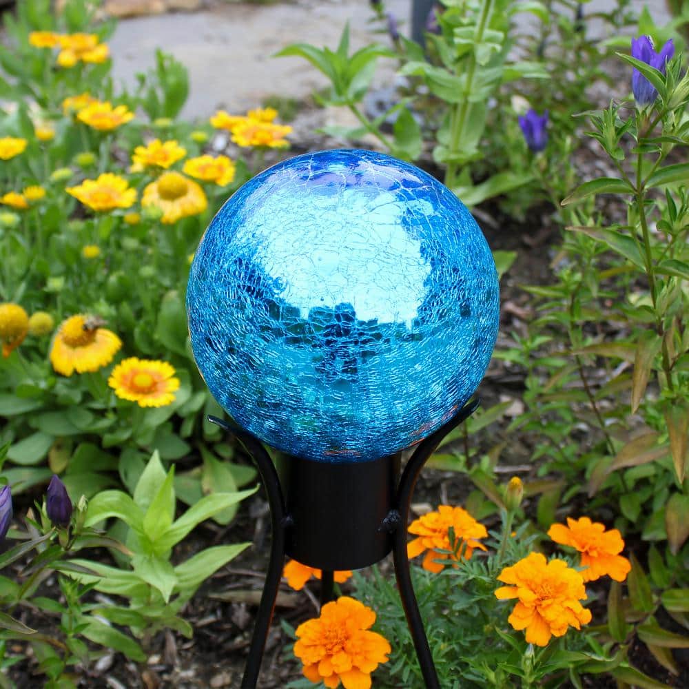 Teal Crackle Glass Gazing Globe with Black Iron Stand