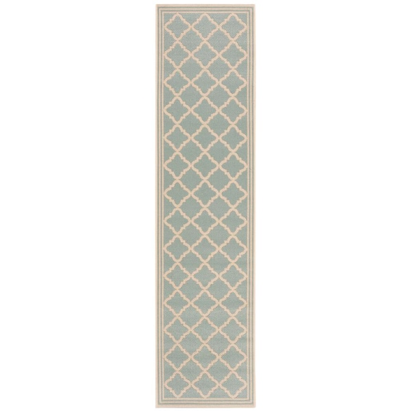 Beach House Aqua/Cream 2 ft. x 10 ft. Border Trellis Indoor/Outdoor Patio  Runner Rug