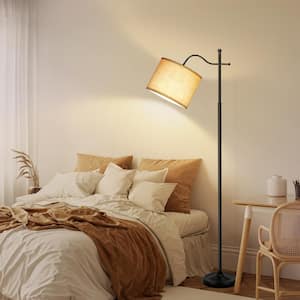 67 in. Classic Black Mid-Century Modern 1-Light LED Energy Efficient Arc Floor Lamp w/Beige Fabric Drum Shade & Remote