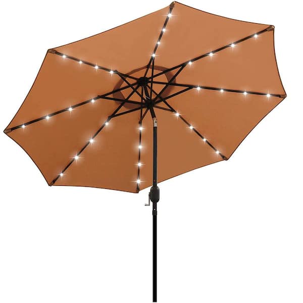 Unbranded 9 ft. Iron Market Solar Push Button Tilt Patio Umbrella in Tan