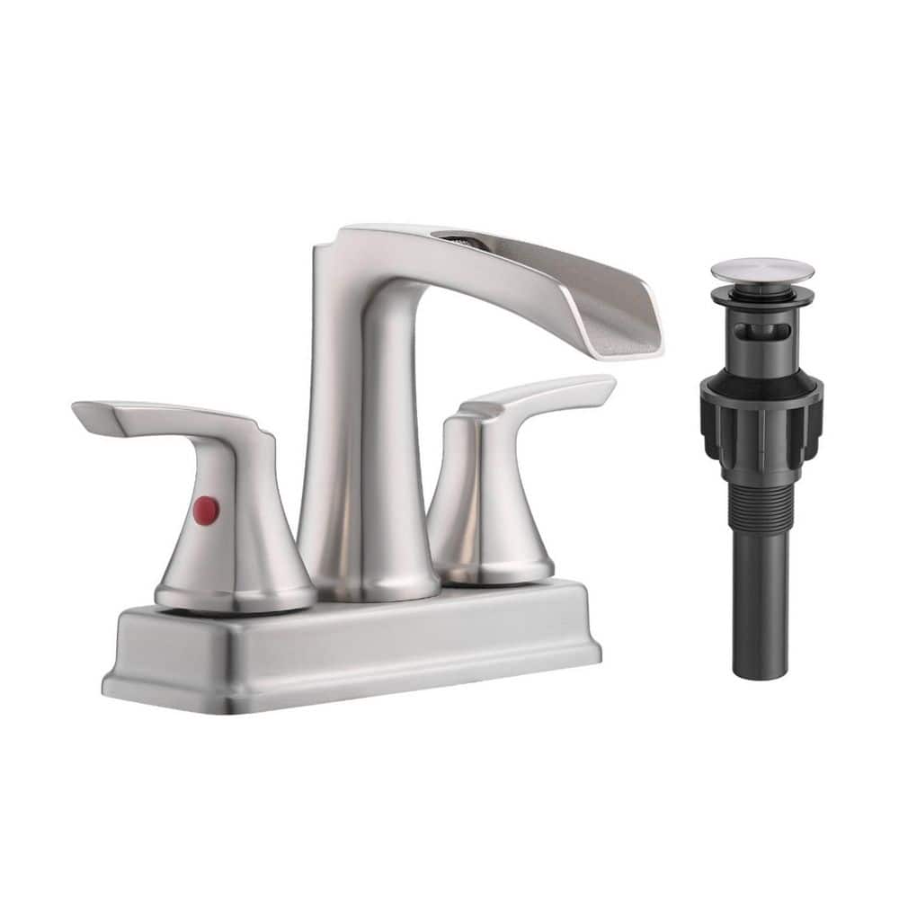 4 in. Centerset 2-Handle Waterfall Bathroom Sink Faucet Brass Construction with Pop-Up Drain in Brushed Nickel price history on PriceWatchPro