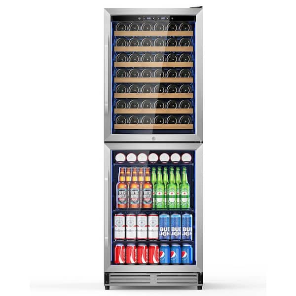 23.54 in. Dual Zone 77-Bottles and 180-Cans Beverage and Wine Cooler w/Removable Shelves and LED Lights, Stainless Steel