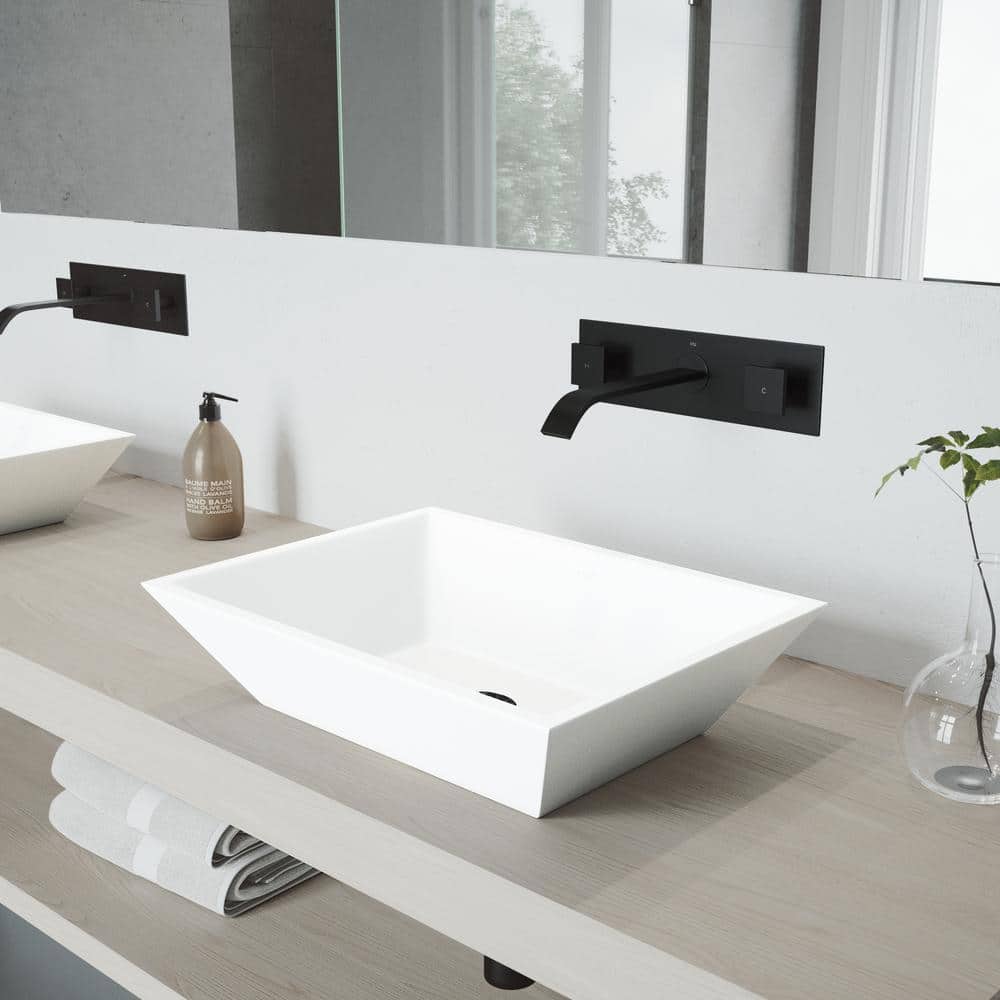 Vinca Matte Stone Rectangular Vessel Sink with Matte Black Wall-Mount Faucet