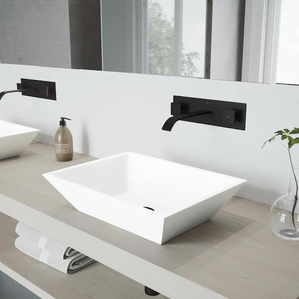 Vinca White Matte Stone Vessel Bathroom Sink Set with Titus Wall Mount Faucet in Matte Black