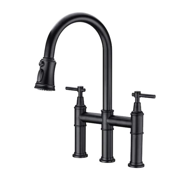 Double Handle Bridge Kitchen Faucet with Pull-Down Sprayhead and 360-Degree High-Arc Nozzle in Matte Black