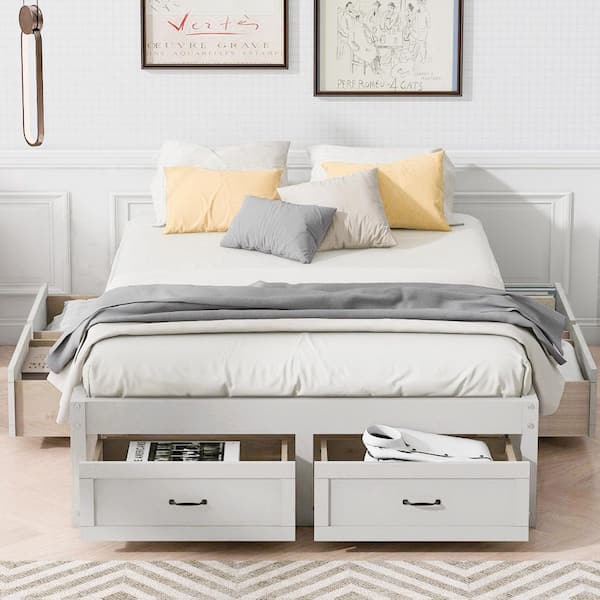 Tuwa Antique White Wood Frame Full Size Platform Bed with 6 Storage Drawers