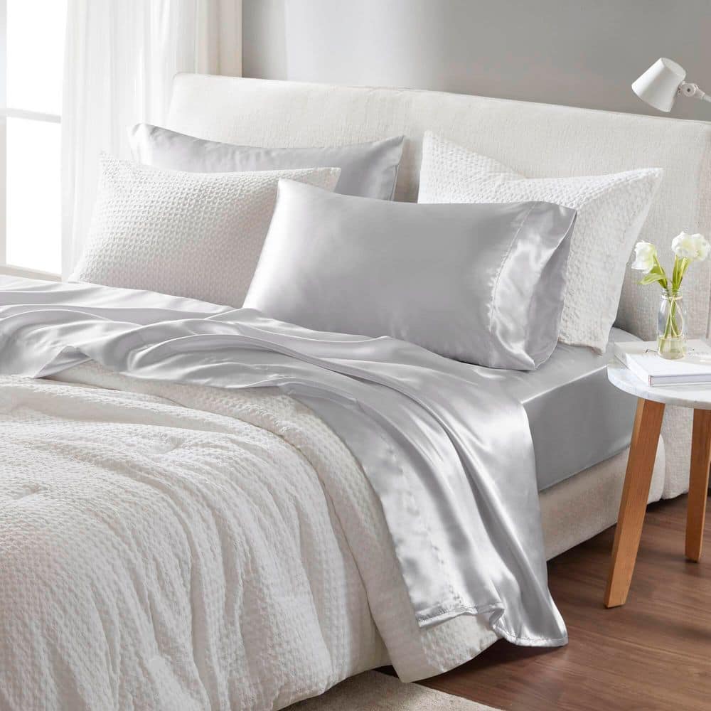 Light Grey Satin California King Sheet Set with Pillow Covers