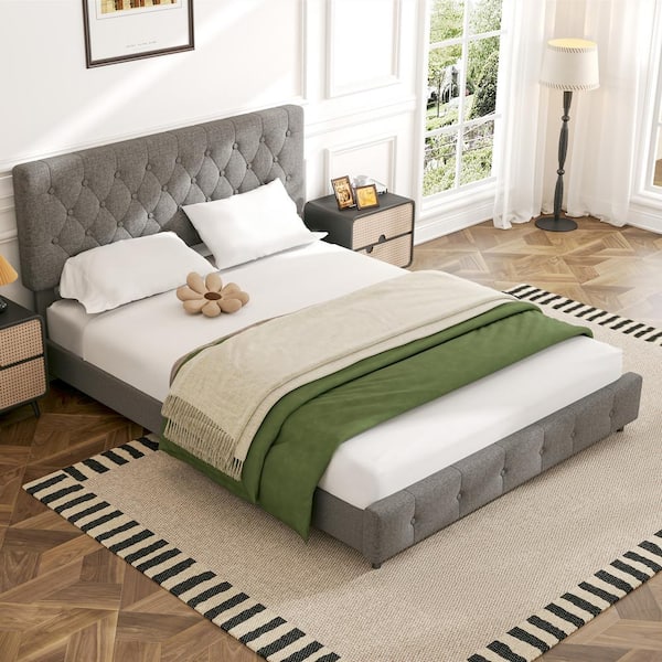 JEAREY Black and Grey Queen Linen Upholstered Storage Platform Bed Frame with Headboard