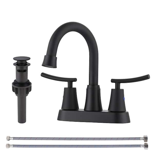 ALEASHA 4 in. Centerset Double Handle High Arc Bathroom Faucet with Drain Kit Included in Matte Black