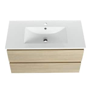 35.90 in. W x 18.30 in. D x 20.50 in. H Single Sink Wall Mounted Bath Vanity in Light Oak with White Ceramic Top