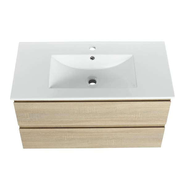 Boosicavelly 35.90 in. W x 18.30 in. D x 20.50 in. H Single Sink Wall Mounted Bath Vanity in Light Oak with White Ceramic Top