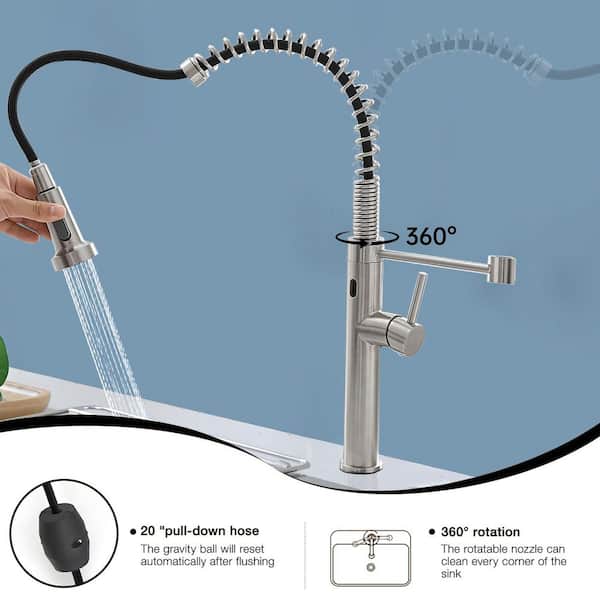 20.08 in. H Brushed Nickel Single Handle Pull Out Sprayer Kitchen Faucet with 360° Spout Swivel