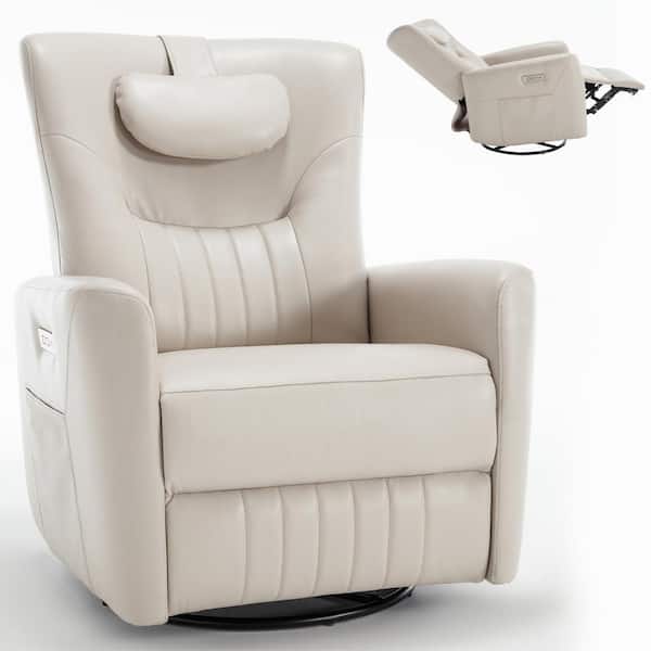 Qualler Beige, Gray Polyester Swivel and Rocker Recliner with Lumbar and Neck Pillow