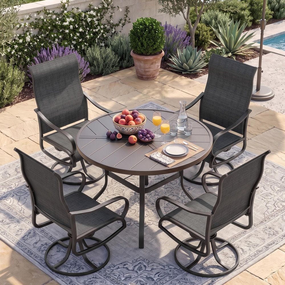 Black 5-Piece Textilene and Iron Metal Outdoor Dining Set, 4-Swivel Chairs and Round Dining Table price history on PriceWatchPro