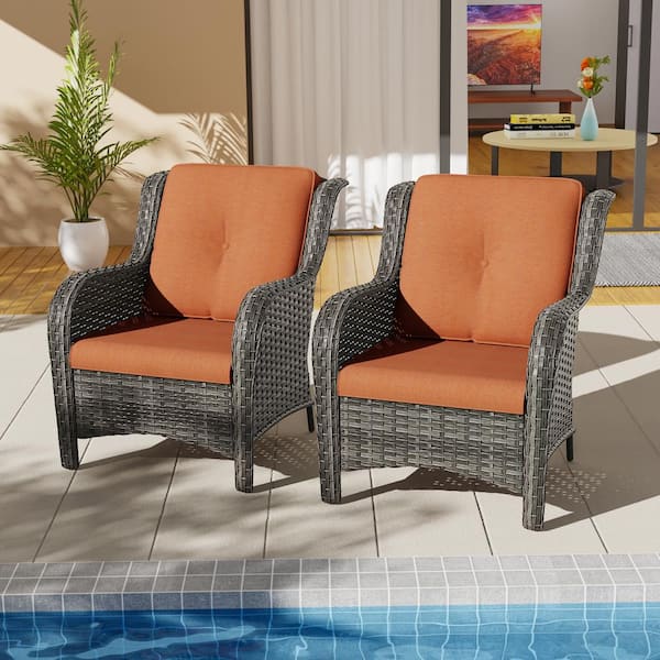 JOYSIDE Ergonomic Arm 2-Piece Patio Wicker Outdoor Lounge Chair with Orange Cushions
