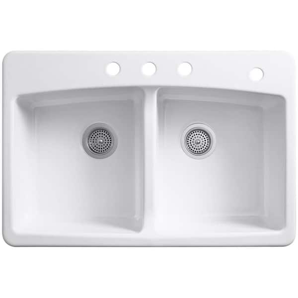 KOHLER Brookfield Drop-In Cast-Iron 33 in. 4-Hole Double Bowl Kitchen Sink in Biscuit