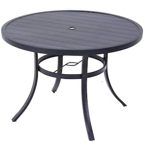 Round Composite Outdoor Dining Table Black Embossed Woodgrain Side Table with Umbrella Hole